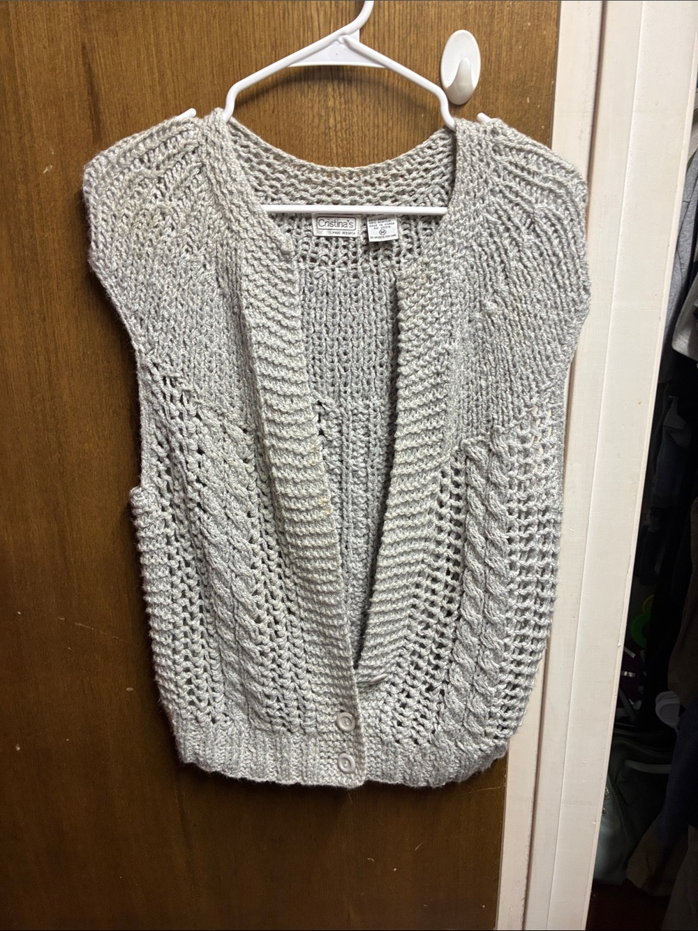 Open-Knit Light Gray Button-Front Women's Sweater Vest by Christina